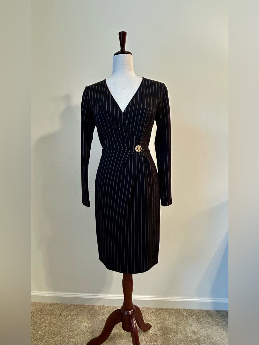 DKNY Black Pinstripe Wrap Look Dress Size 4